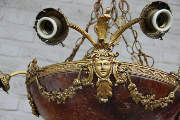 Top Antique French  Alabaster coupe bowl caryatid heads Chandelier amber