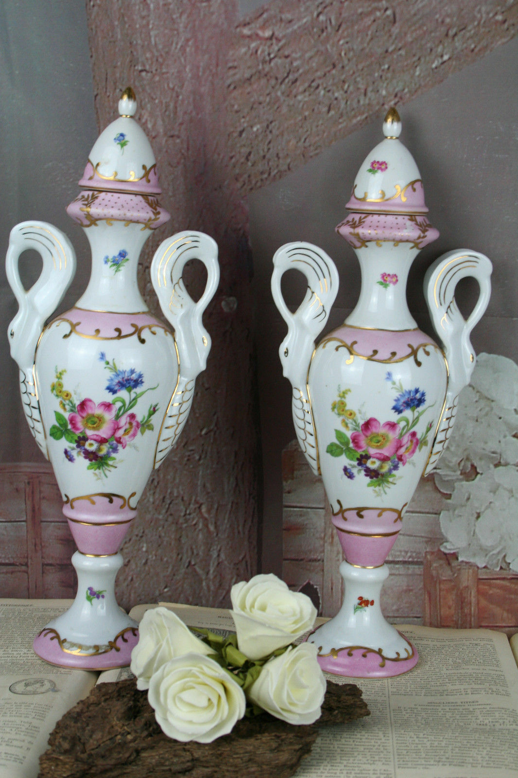 Exclusive PAIR French porcelain vases Swan handles marked floral pink limoges