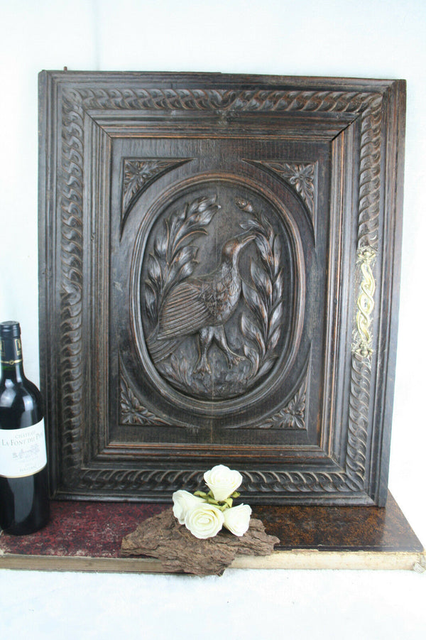 Antique Wood carved hunting bird door cabinet panel black forest 1920 NO1
