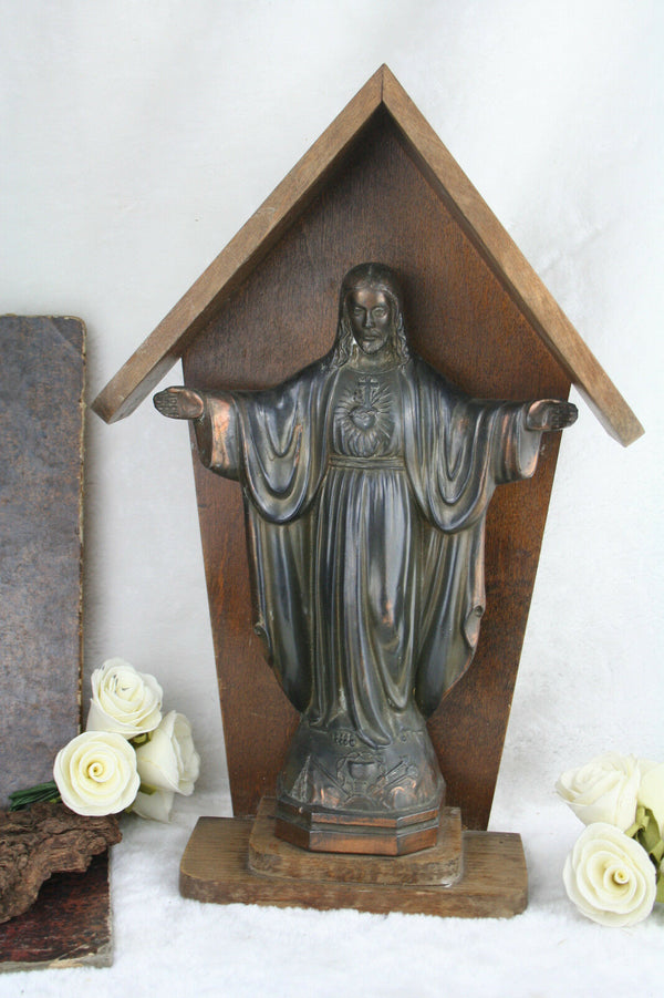 Antique Sacred heart christ spelter regule in a wood chapel religious 1935 franc