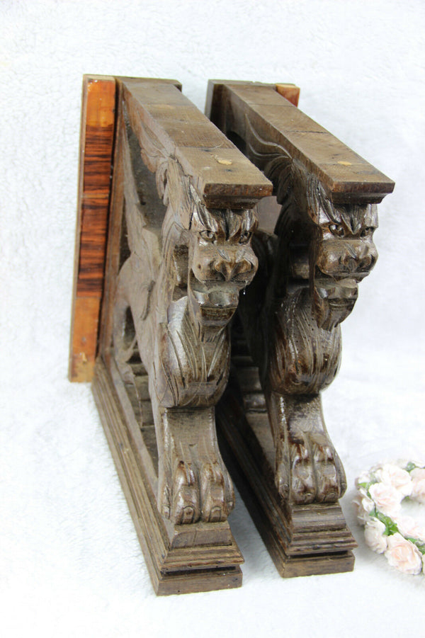 PAIR antique black forest wood carved Chimaera Griffin mythological figurine