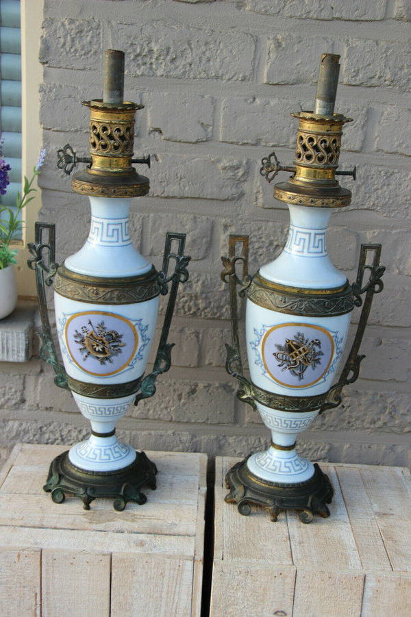 PAIR antique French oil Lamps porcelain Bronze Egypt potrait heads Rare marked
