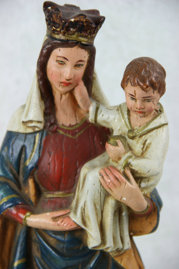 Antique chalkware Madonna Mary child lion snake statue figurine religious