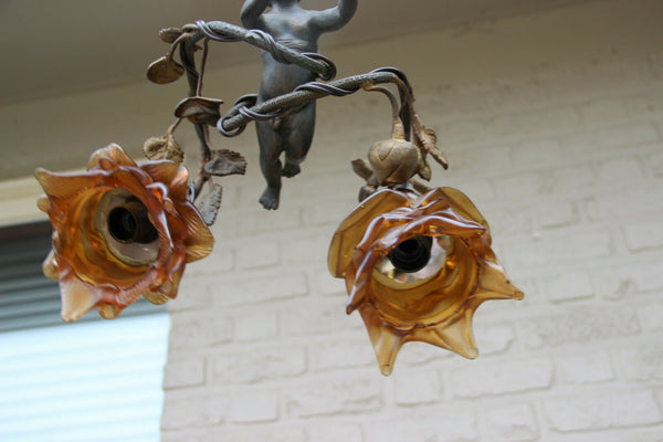 Antique french bronze putti angel 2 arm pendant lamp chandelier rose bush rare