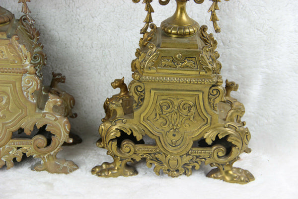 Antique PAIR Huge Bronze dragon gothic Candle holder candelabras lion paws