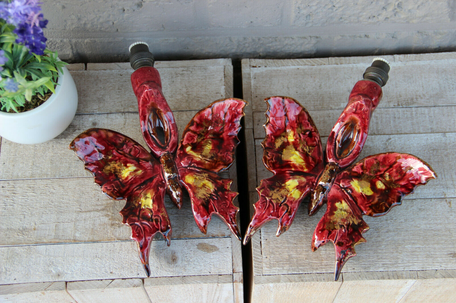 PAIR french vintage Vallauris ceramic butterfly wall lights sconces rare 1970