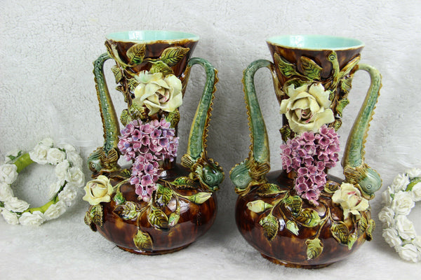 PAIR antique art nouveau barbotine majolica dolphin flowers Vases 1900 rare