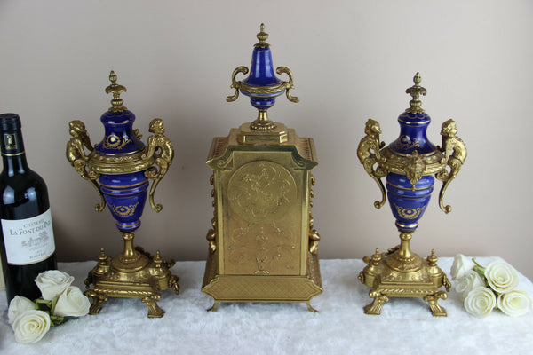 Unusual XL Faience Clock set Caryatid Vases porcelain plaque 1960's gorgeous