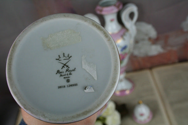 Exclusive PAIR French porcelain vases Swan handles marked floral pink limoges