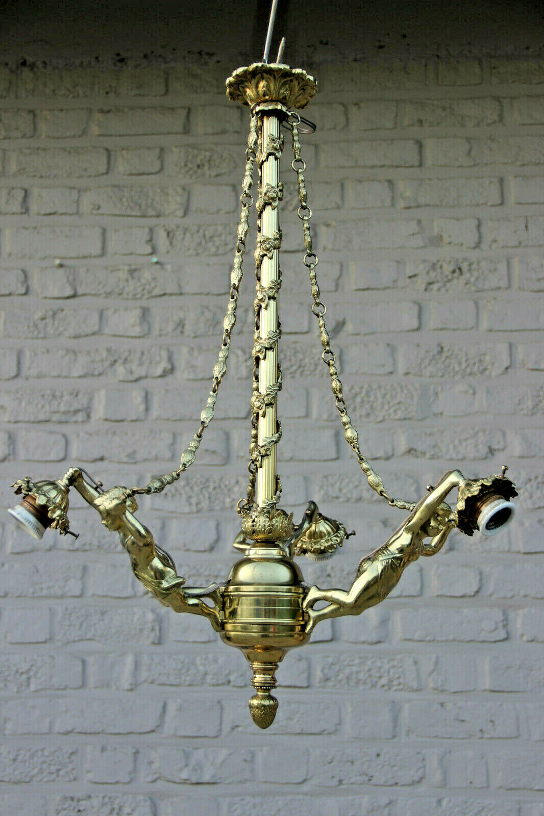 French Brass 3 Putti angel Chandelier lamp chains