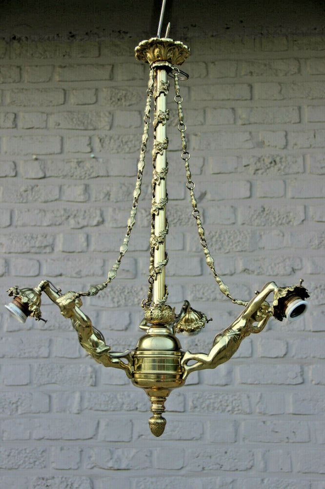 French Brass 3 Putti angel Chandelier lamp chains