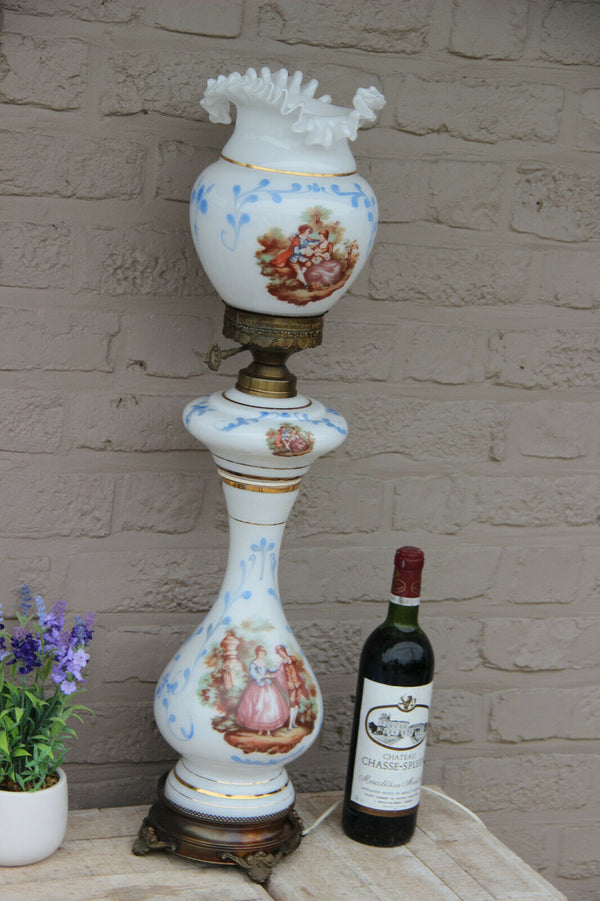 Stunning Vintage 1960 French opaline glass victorian scene table lamp rare