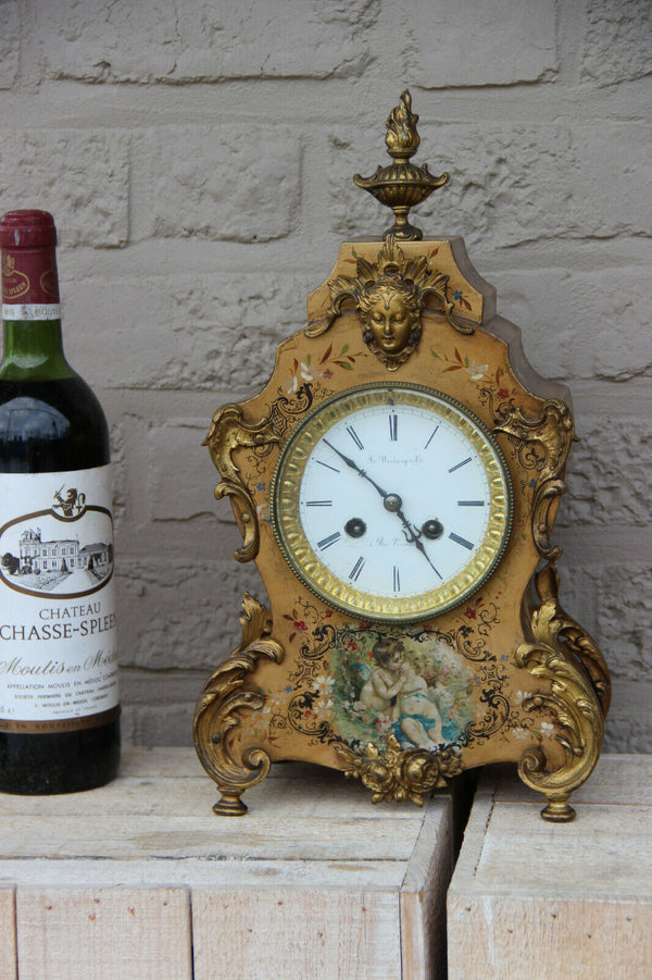 Antique French parisian mantel clock putti angel portrait scene floral decor