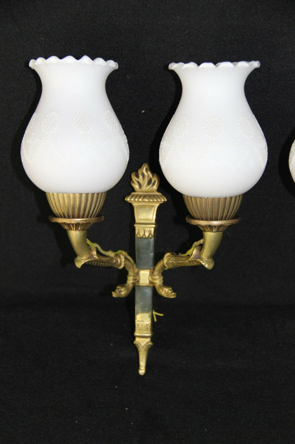 PAIR French Empire white louis XV glass shades Bronze swan wall lights sconces