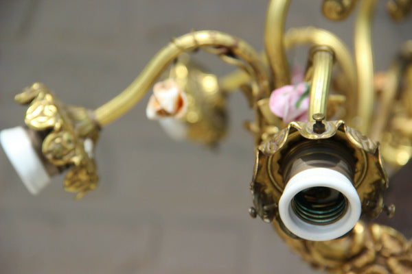 French bronze porcelain flowers putti 7 arms chandelier empire