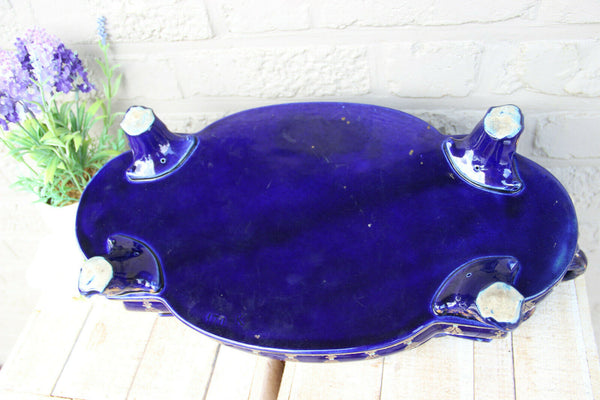 XL French antique majolica planter jardiniere Fleur de lys enamel dolphin snake