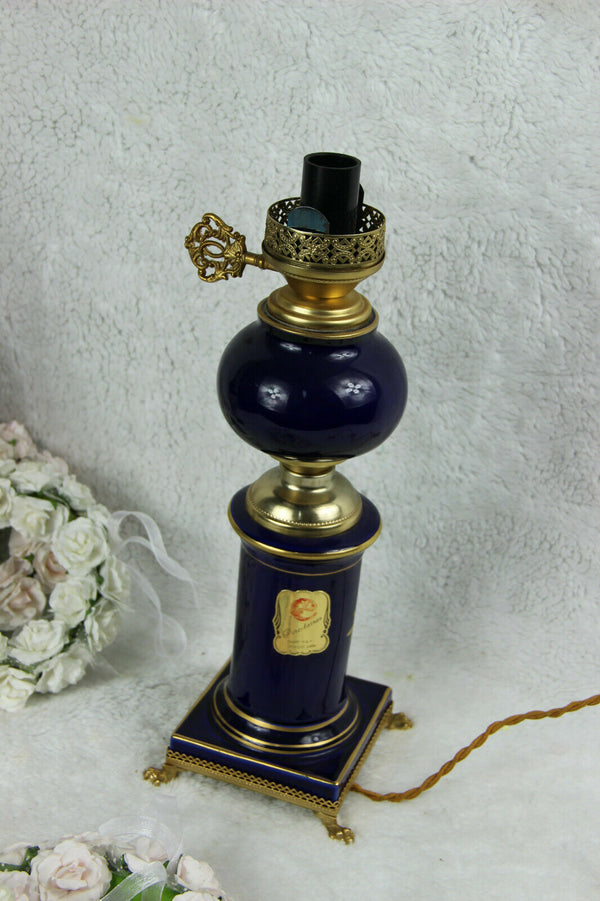 French Limoges Floral Table lamp porcelain blue marked lion paws