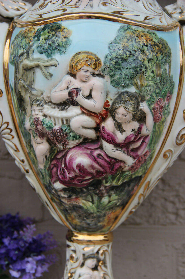 Huge Rare italian capodimonte marked porcelain Vase putti nymph scene