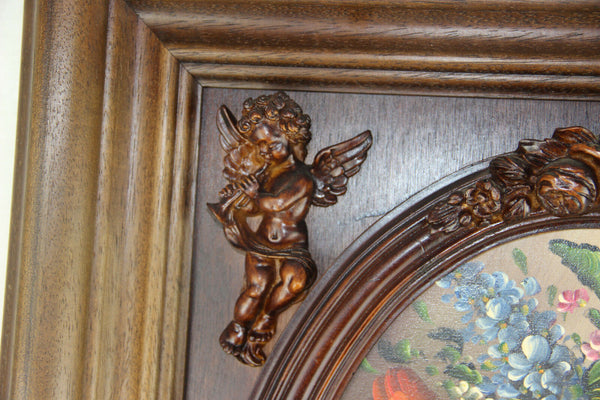 Gorgeous 1970 Flemish oil canvas maroufle painting putti cherubs frame wood