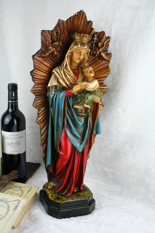 Antique XL French Madonna with child angel cherubs plaster polychrome statue