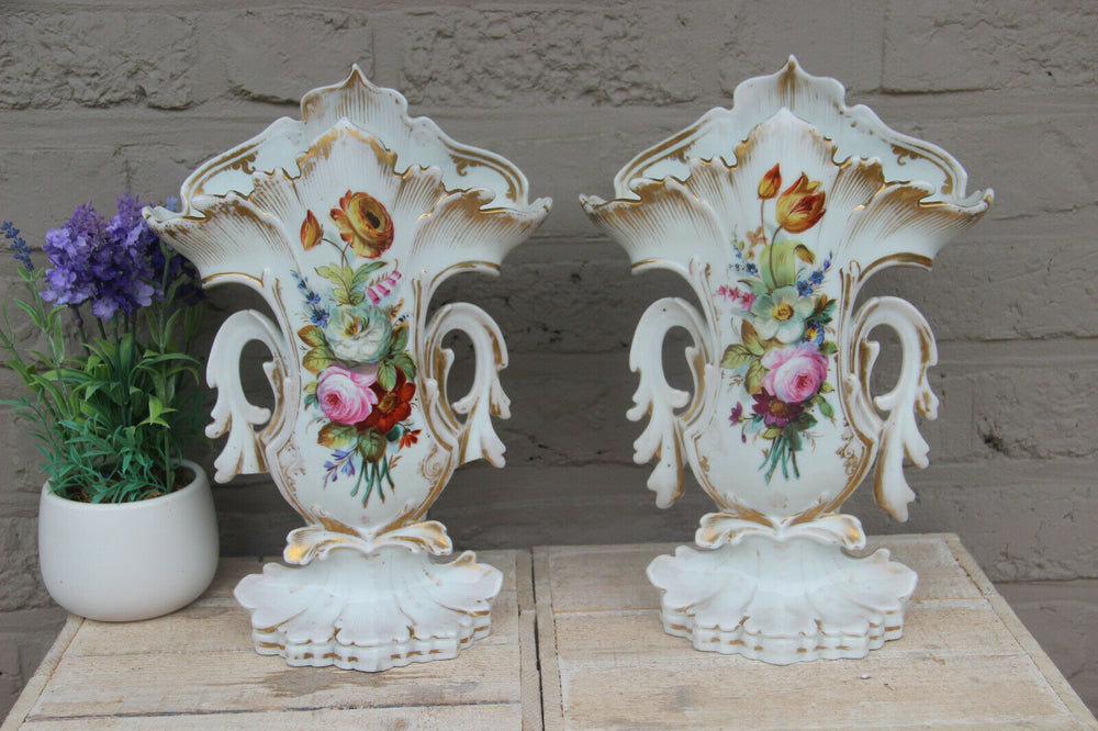 PAIR antique vieux paris hand paint floral porcelain vases 19th c