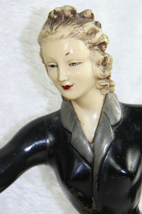 XXL French ART DECO 1930 spelter bronze lady dog on leash marble base