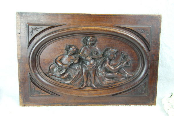 Antique french wood carved putti angels music figurines wall panel plaque