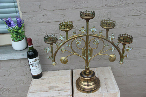 Antique religious bronze altar Church candle holder 5 arms candelabra