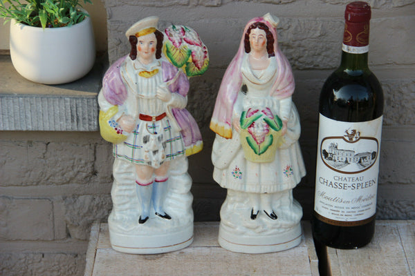 PAIR Antique victorian STAFFORDSHIRE pottery Statue figurine scottish flower