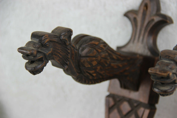 Antique French PAIR wood carved castle gothic dragon gargoyle Wall lights sconce