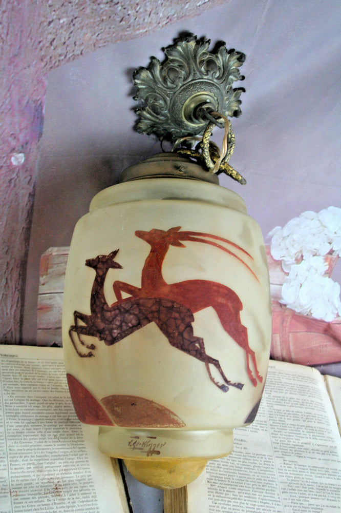 ART DECO Pendant chandelier antilope Deer enameled glass 1930 signed