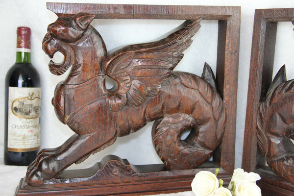 PAIR XL antique black forest wood carved Chimaera Griffin mythological figurine