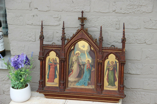 Antique Neo gothic religious Tryptique oil panel angel Gabriel mary Annunciation