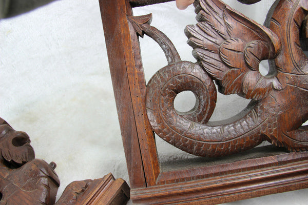 PAIR large gothic dragon Griffin wood carved statue figurines hunting cabinet