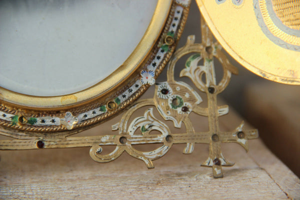 Rare french antique brass inlaid stones enamel porcelain medaillon picture frame