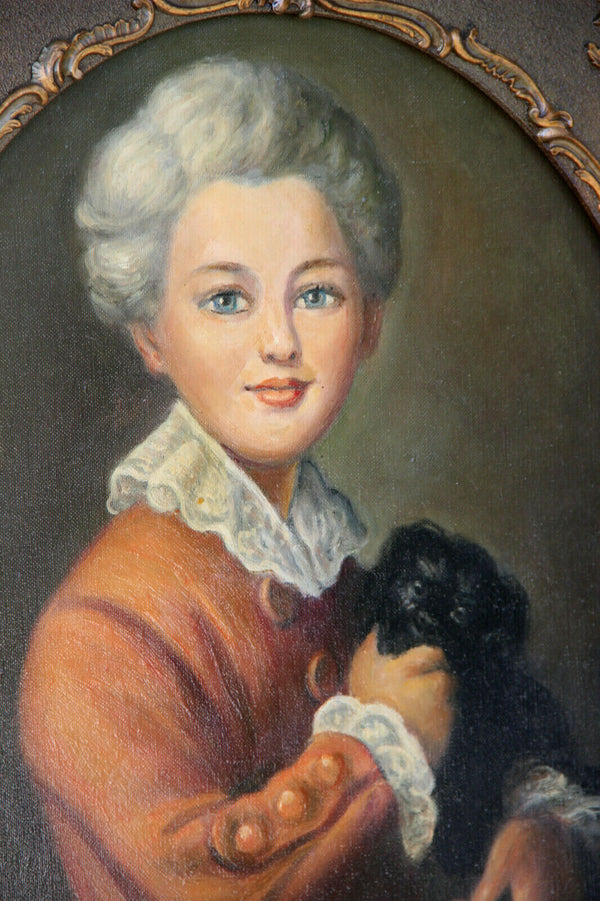 Top Antique French 1900 Oil Canvas painting child with dog portrait signed