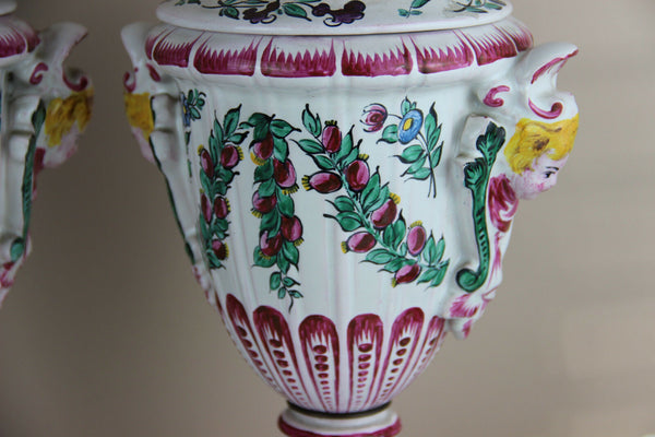 RARE PAIR faience de l'est Strasbourg Normandie Vases putti heads floral 1920