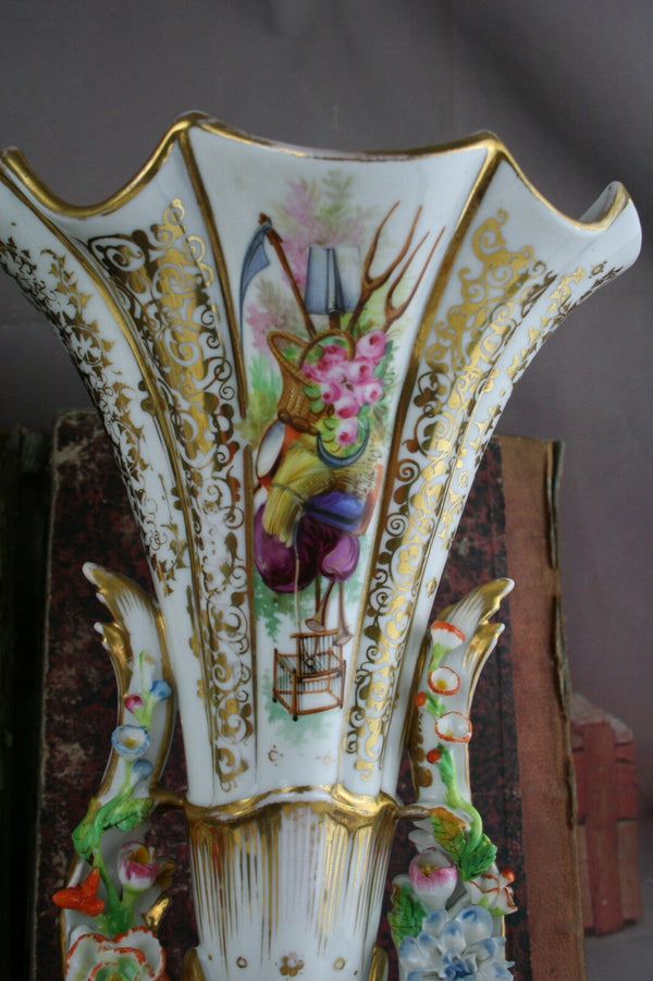PAIR VIEUX paris porcelain 19thc French Vases Majolica flowers Attr. jacob petit