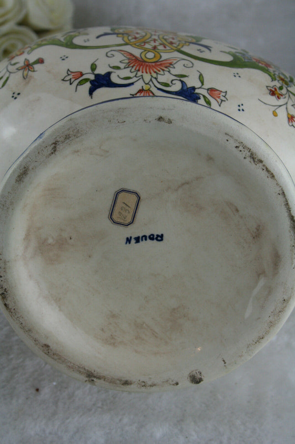 Antique French Rouen Flask 19thc marked floral Satyr devil heads faience