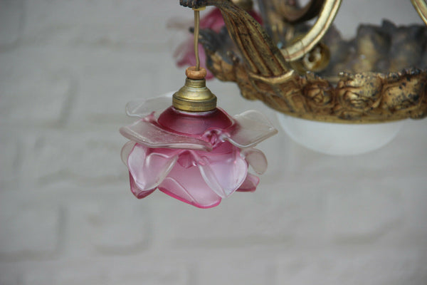 Antique art nouveau french pink tulip glass shade 3 arm chandelier pendant