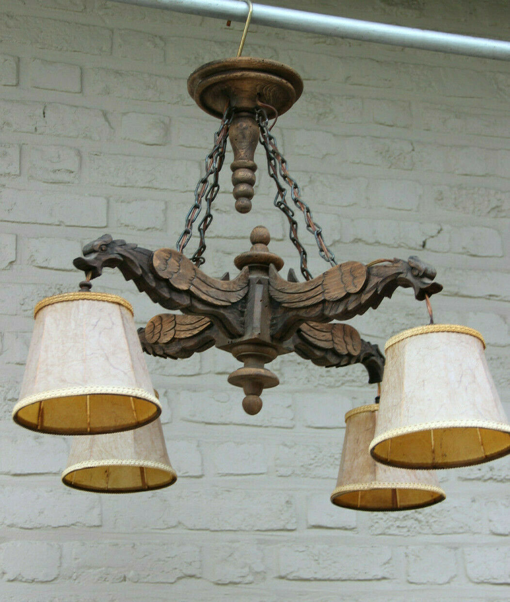 Antique French Gothic Castle 4 Dragon chimaera Chandelier wood carved 19thc