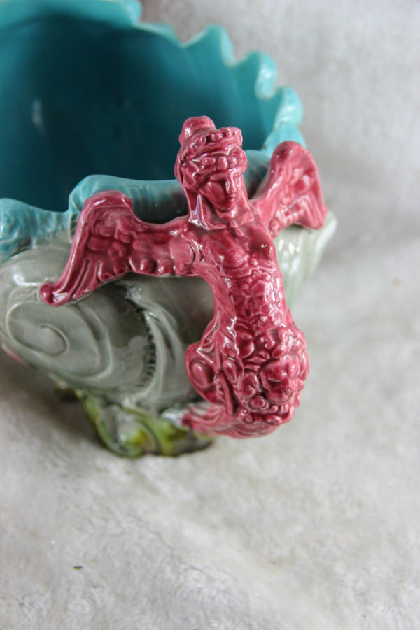 Art nouveau caryatid winged lady French faience barbotine planter jardiniere