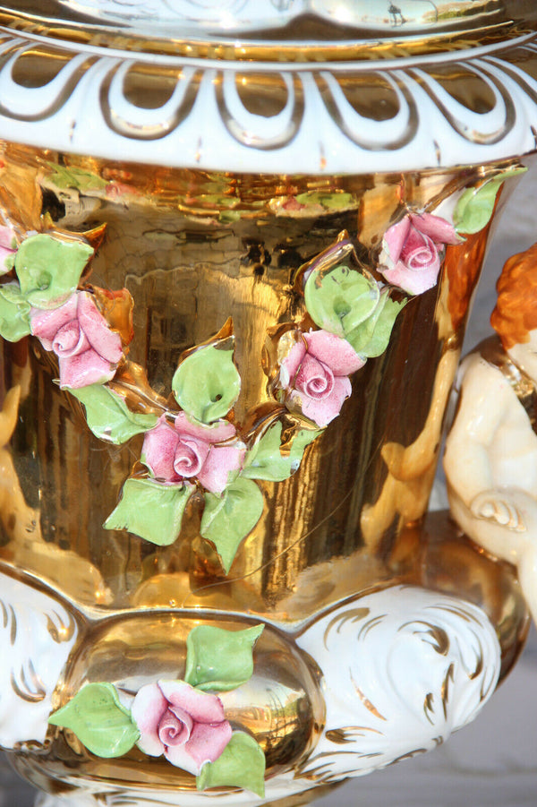 XXL Italian capodimonte porcelain vase Putti angels majolica floral decor lidded