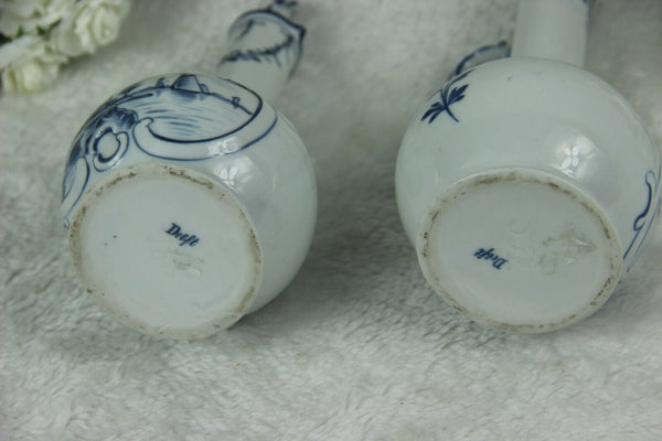 PAIR Delft blue white pottery oil vinegar pitcher vases mill sailing boat