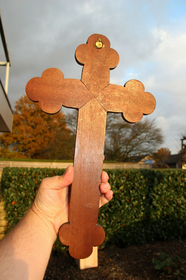Old French antique wood carved Wall crucifix metal christ religious