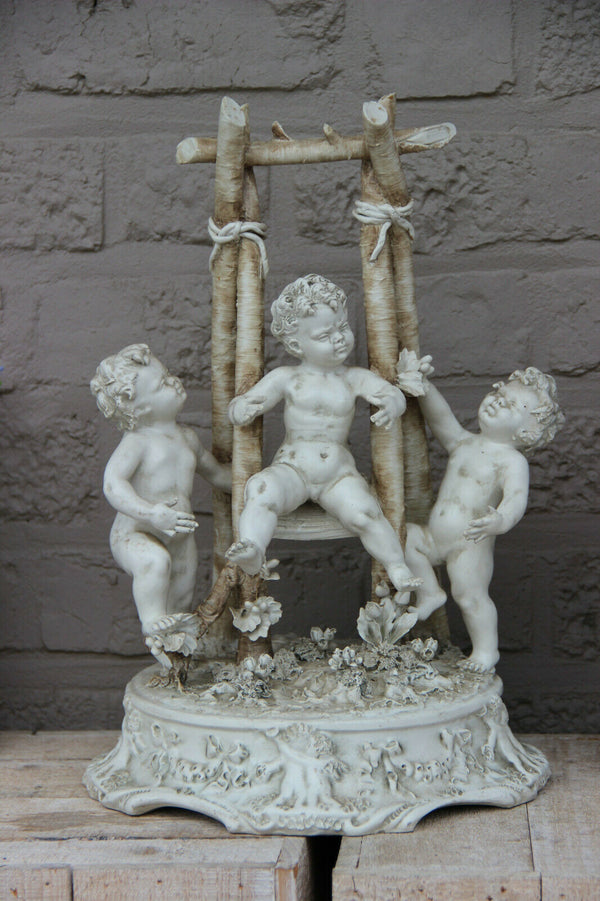 LARGE italian capodimonte marked porcelain bisque putti cherub group swing