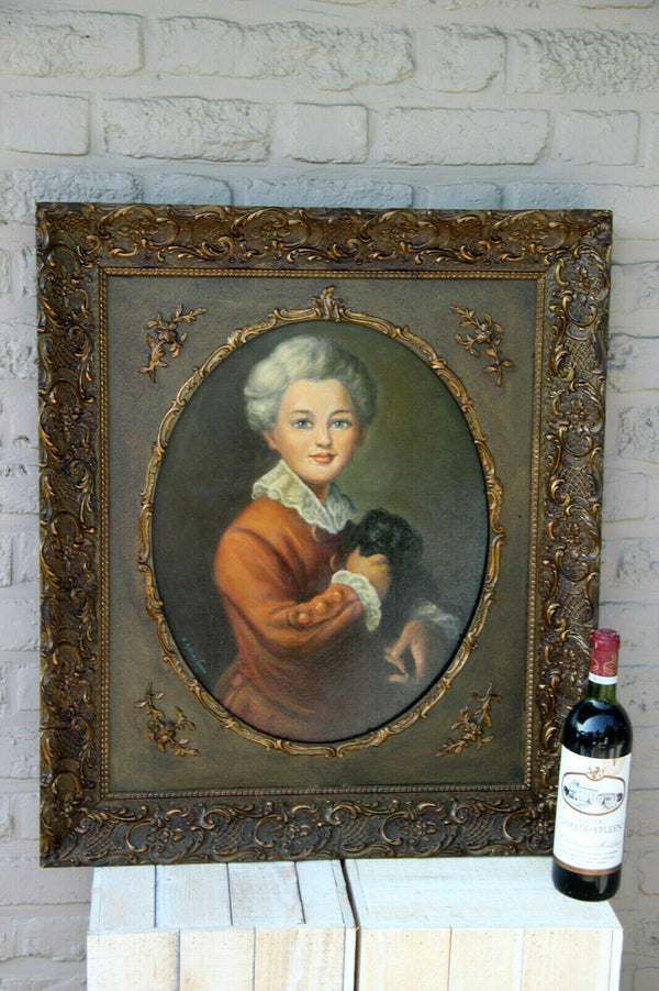 Top Antique French 1900 Oil Canvas painting child with dog portrait signed