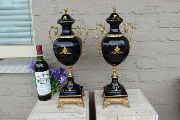 Pair French Limoges cobalt blue Victorian romantic scene Vases 1960 marked