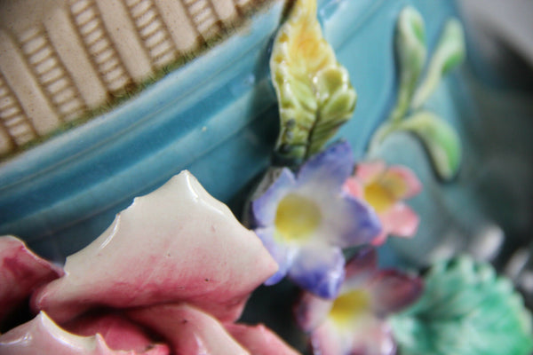PAIR 1900 French Barbotine Majolica Relief floral jardiniere planter antique
