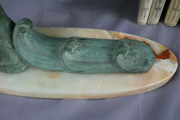 ART Deco 1930's French Metal green patinated Bird on onyx base sculpture